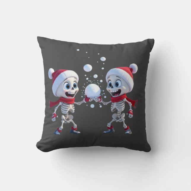 Funny Santa Skeletons Having a Snowball Fight  Throw Pillow (Front)