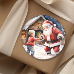 Funny Santa Snowball Fight Nostalgic Christmas Classic Round Sticker<br><div class="desc">Sweet old-fashioned snowball fight between a little child and Santa on a snowy winter night on a rustic vintage farm. Sweet nostalgic Christmas stickers.</div>