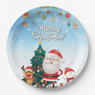 Funny Santa, Snowman, Reindeer Merry Christmas Paper Plate