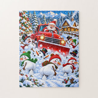 Funny Santa Snowplow and Pooping Snowmen Christmas Jigsaw Puzzle