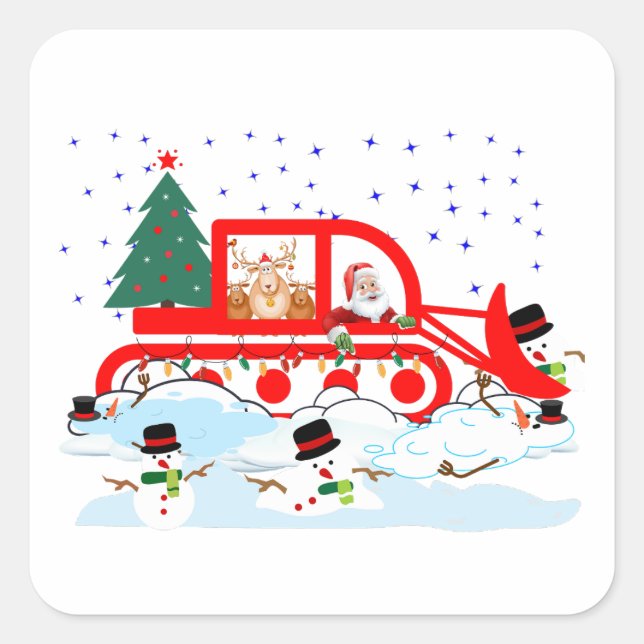 Funny Santa Snowplowing Snowmen Square Sticker (Front)