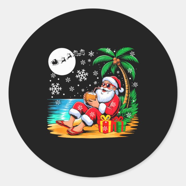 Funny Santa Sungles Drinking Coconut On Beach Chri Classic Round Sticker (Front)