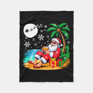 Funny Santa Sungles Drinking Coconut On Beach Chri Fleece Blanket