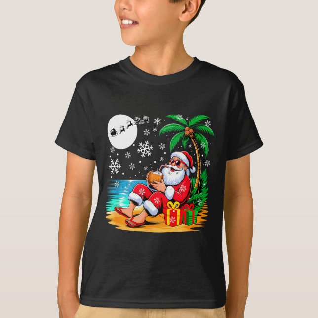 Funny Santa Sungles Drinking Coconut On Beach Chri T-Shirt (Front)