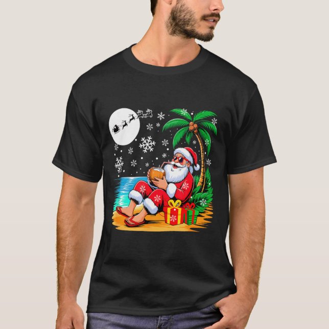 Funny Santa Sungles Drinking Coconut On Beach Chri T-Shirt (Front)