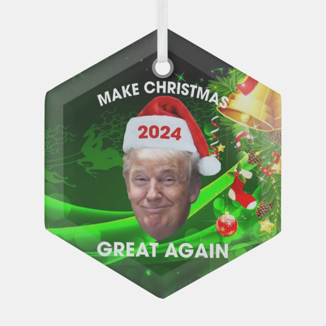 Funny Santa Trump 2024 Make Christmas Great Again  Glass Ornament (Front)
