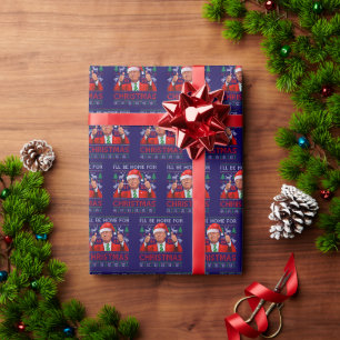 Funny Santa Trump I'll Be Home For Christmas Blue Wrapping Paper