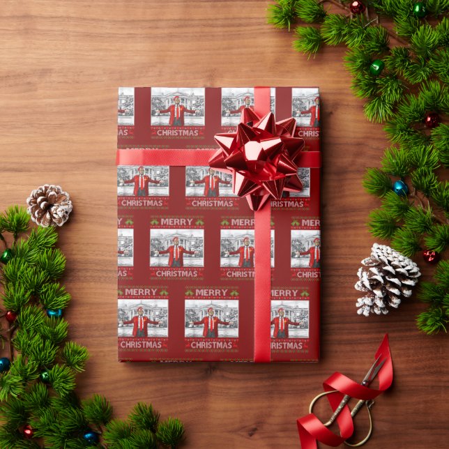 Funny Santa Trump Merry Christmas Ugly Xmas Red Wrapping Paper (Holiday Gift)