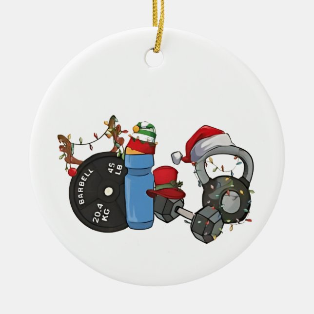 Funny Santa Weightlifting Dumbbells Gym Christmas Ceramic Ornament (Front)