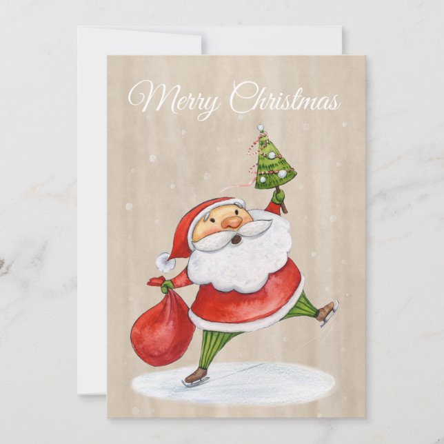 Funny Santa with Christmas Tree Watercolor Holiday Card (Front)