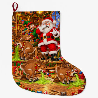Funny Santa Workshop Chaos Christmas  Large Christmas Stocking