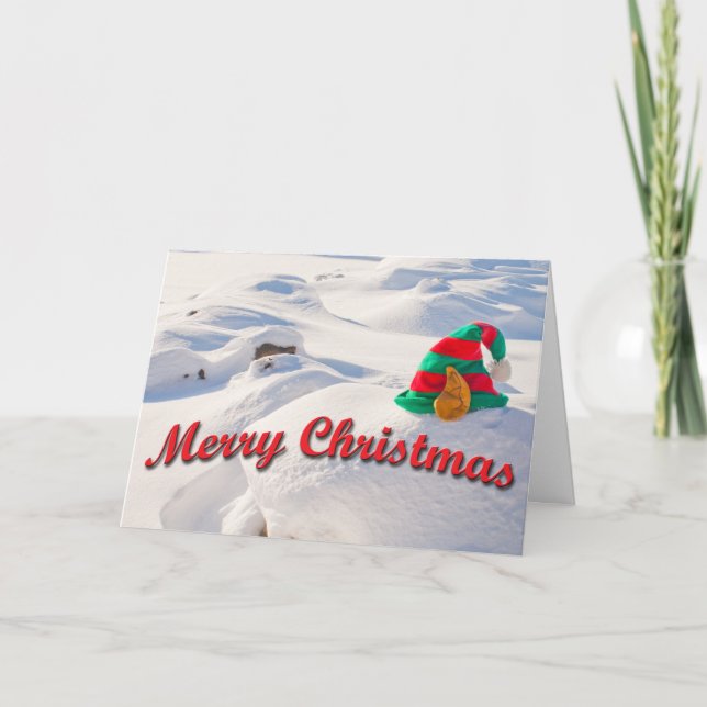 Funny Santa's Elf Hat On A Snow Drift Photo Custom Holiday Card (Front)