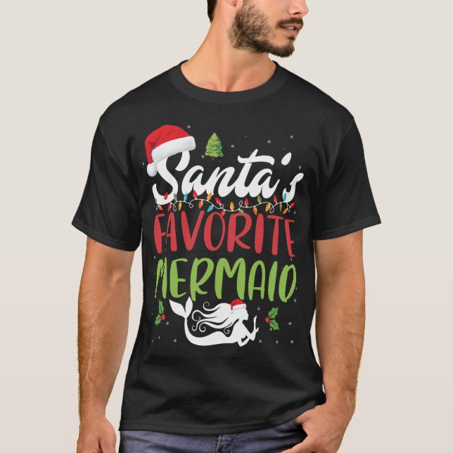 Funny Santas Favourite Mermaid Christmas Santa Hat T-Shirt (Front)