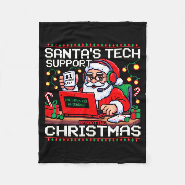 Funny Santa's Tech Suprt Rebooting Christmas Ugly  Fleece Blanket (Front)