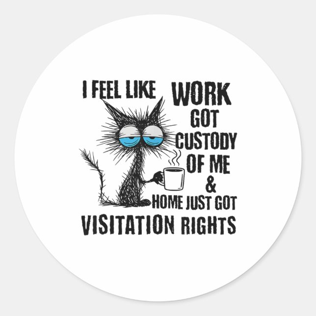 Funny Sarcastic Cat I Feel Like Work Got Custody O Classic Round Sticker (Front)
