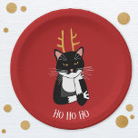 Funny Sarcastic Christmas Cat Paper Plate<br><div class="desc">A sarcastic and unenthusiastic black and white tuxedo cat with Christmas antlers.  Ho ho ho,  and all that.
Personalize by changing or removing the text.</div>