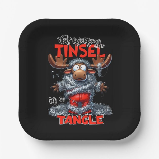 Funny Sarcastic Christmas Moose Quote Black Party  Paper Plate (Front)