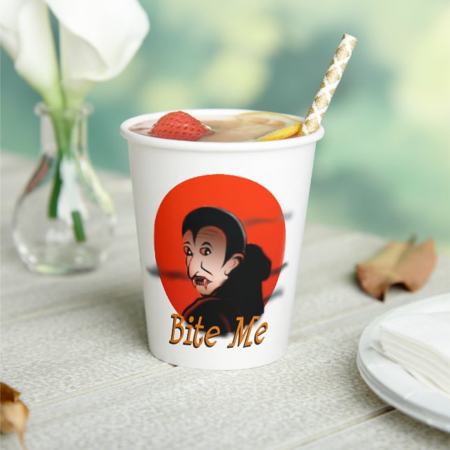 Funny Sarcastic Halloween Vampire Says Bite Me Paper Cups (Insitu)