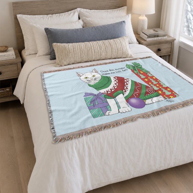 Funny Sarcastic Ugly Christmas Sweater White Cat Throw Blanket (Creator Uploaded)