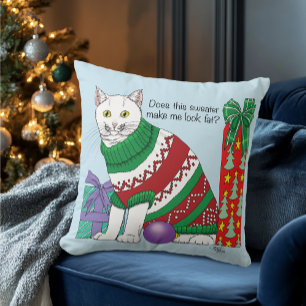 Funny Sarcastic Ugly Christmas Sweater White Cat Throw Pillow