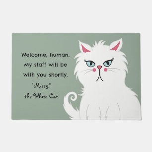 Funny Sarcastic White Cat Custom Sage Green Doormat