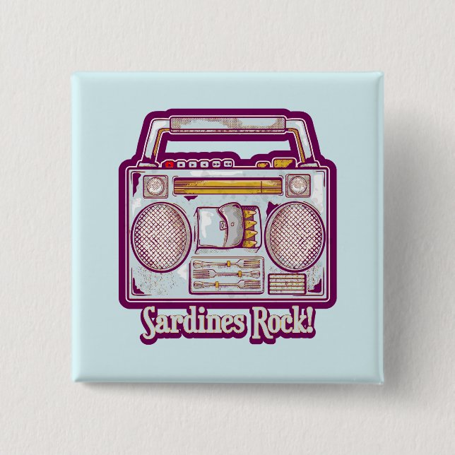 Funny sardines tin stereo 2 inch square button (Front)