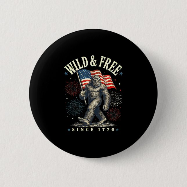 Funny sasquatch american flag wild and since 1776  2 inch round button (Front)