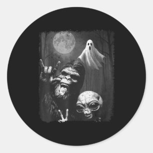 Funny Sasquatch & Alien Rock On Hand Sign Ghos Classic Round Sticker