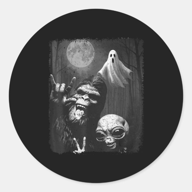 Funny Sasquatch &amp; Alien Rock On Hand Sign Ghos Classic Round Sticker (Front)
