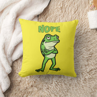 Funny Sassy Frog Nope, Grumpy Toads Cartoon Illus Throw Pillow
