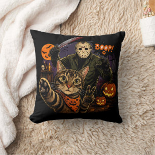Funny Say Boop! Horror Cat Selfie Jason Hallowen Throw Pillow