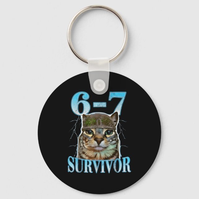 Funny Saying 67 Cats Tummy Ache Survivor Cat Meme  Keychain (Front)