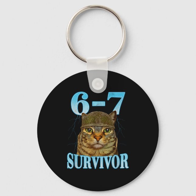 Funny Saying 67 Cats Tummy Ache Survivor Cat Meme  Keychain (Front)