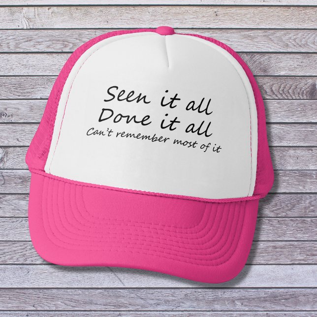 Funny saying womens happy birthday age joke pink  trucker hat (Funny birthday gift for those heading over the hill. Give them a giggle daily when they put this on!)