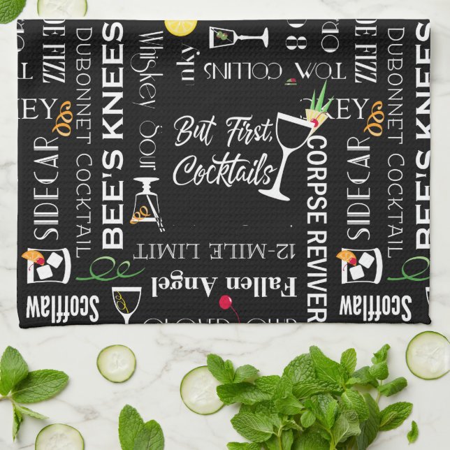 Funny Sayings l Retro Cocktail Names Pattern Kitchen Towel (Folded)