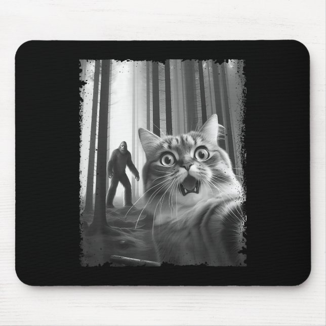 Funny Scared Cat Selfie With Bigfoot Gift Idea Men Mouse Pad (Front)