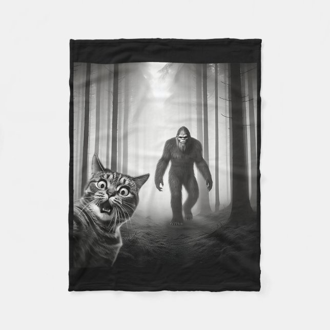Funny Scared Cat Selfie With Sasquatch Bigfoot Lov Fleece Blanket (Front)
