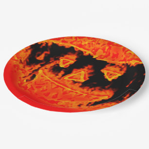 Funny Scary Orange Fire Flames Halloween Pumpkin Paper Plate