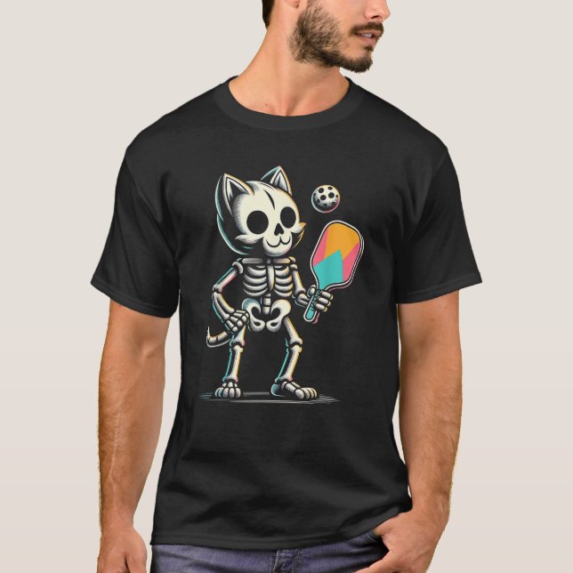 Funny Scary Pickleball Cat Skeleton Playing On Hal T-Shirt (Front)