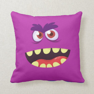 Funny Scary Silly Monster Face for Kids - purple Throw Pillow