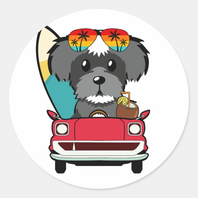Funny Schnauzer  Dog is driving to the beach Classic Round Sticker (Front)