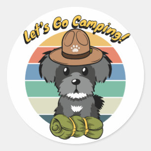 Funny schnauzer dog wants to go camping classic round sticker