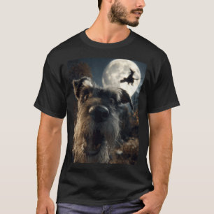 Funny Schnauzer Selfie Full Moon Flying Witch T-Shirt