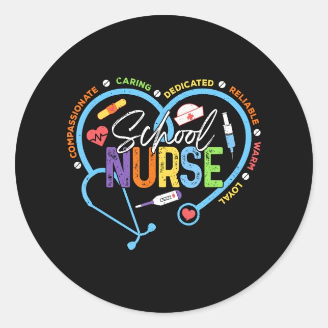 Funny School Nurse Heart s Classic Round Sticker (Front)