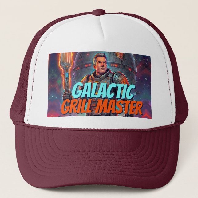 Funny Sci Fi Alien Grilling Retro Halftone Comic Trucker Hat (Front)