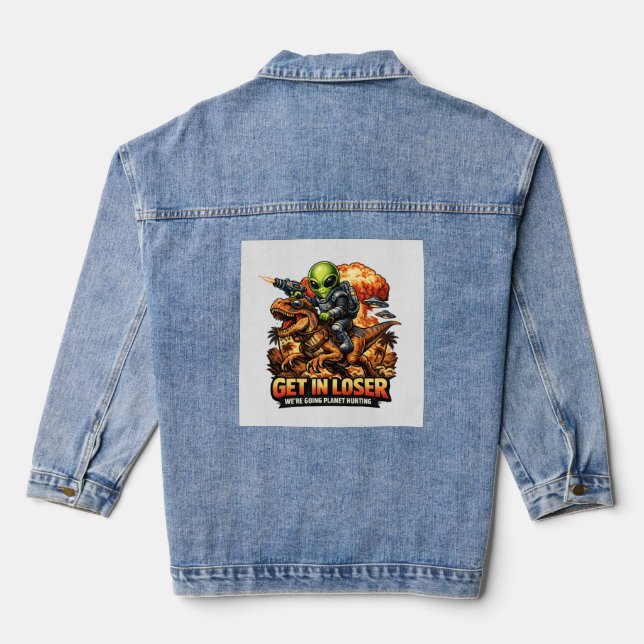 Funny Sci-Fi Fantasy Meme Art, Alien Riding Dinosa Denim Jacket (Back)