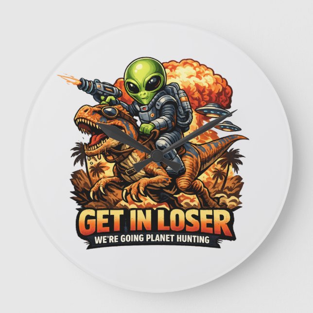 Funny Sci-Fi Fantasy Meme Art, Alien Riding Dinosa Large Clock (Front)