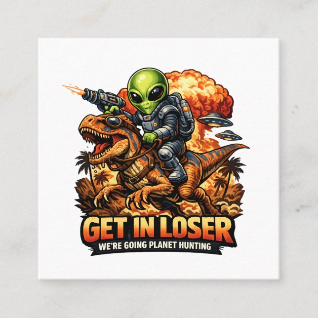 Funny Sci-Fi Fantasy Meme Art, Alien Riding Dinosa Square Business Card (Front)