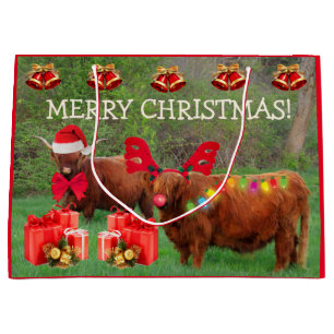Funny Scottish Highland Steer Christmas Large Gift Bag