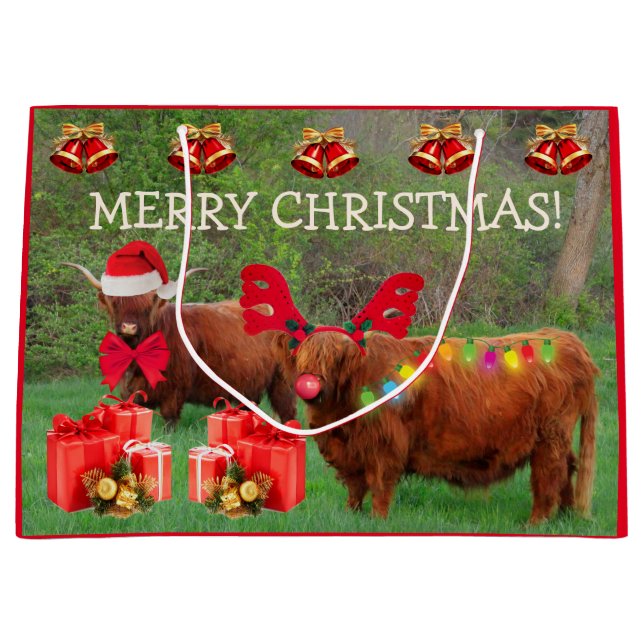 Funny Scottish Highland Steer Christmas Large Gift Large Gift Bag (Front)